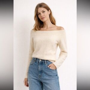 Vintage Off-Shoulder Angora Blend Knit Sweater – Cream (Fits Like M)